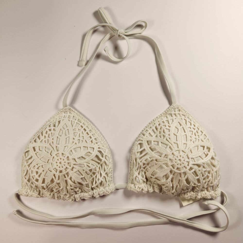 Aerie Boho Knit Crochet Swim Top Size Large Cream Ivory Triangle Bralette New